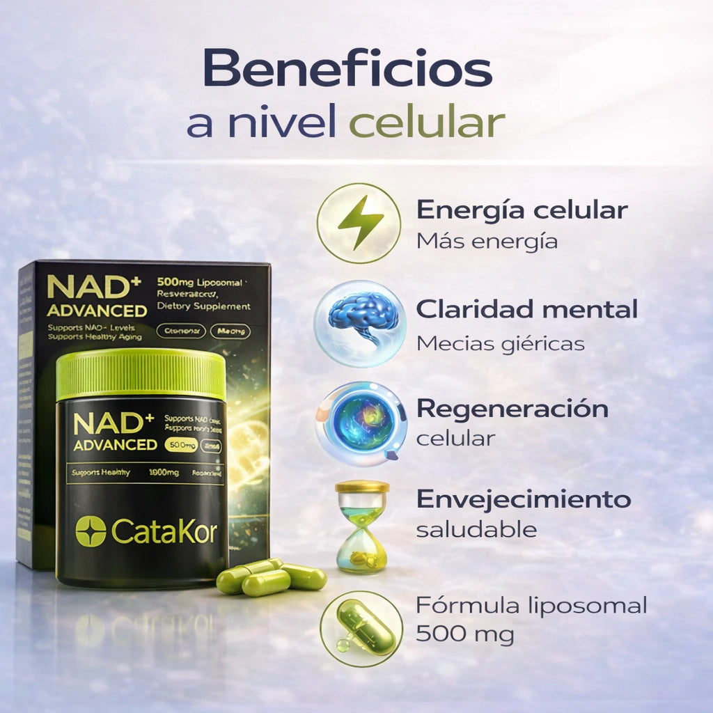 NAD+ Catakor™:  Suplemento antienvejecimiento con soporte celular avanzado para combatir arrugas desde el interior.
