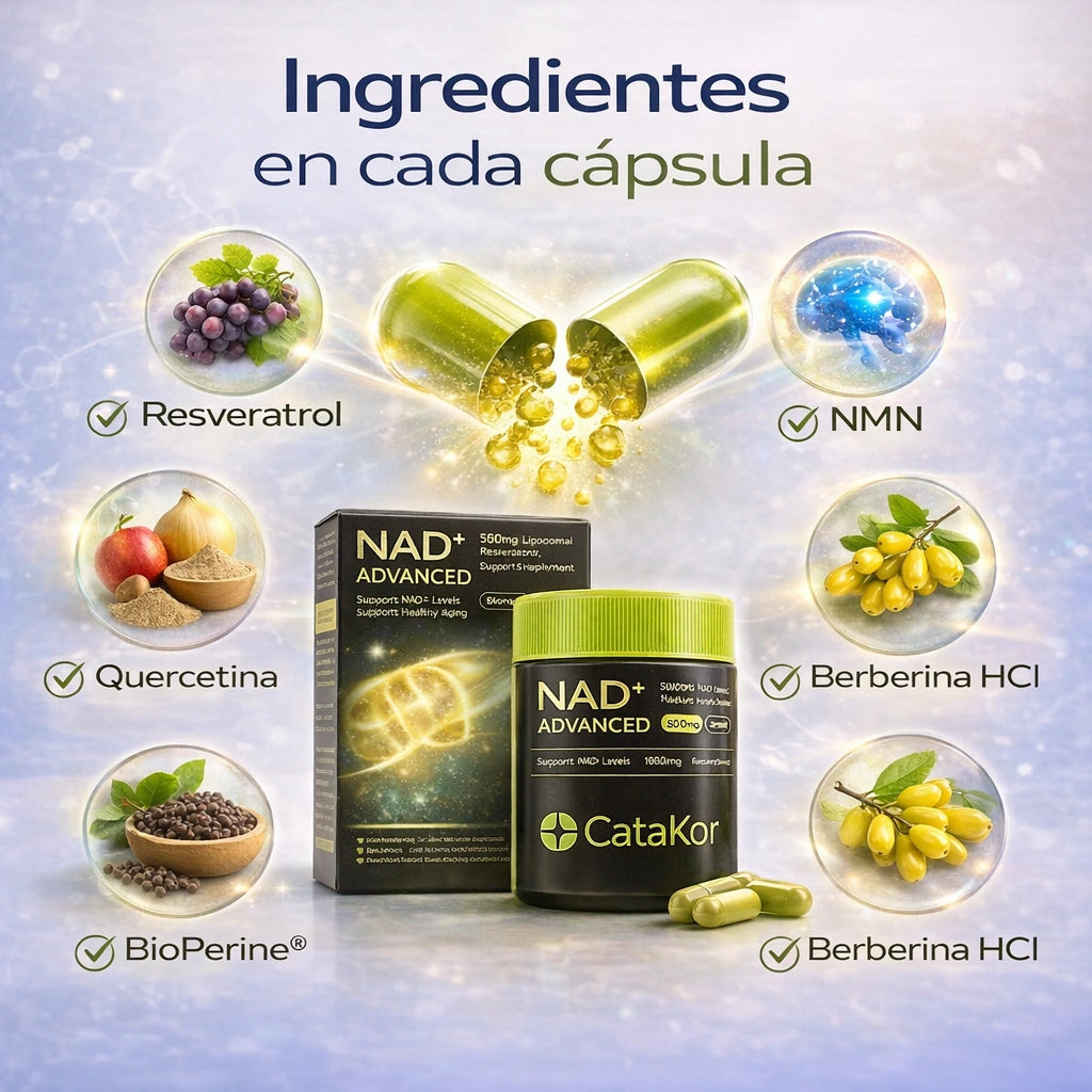 NAD+ Catakor™:  Suplemento antienvejecimiento con soporte celular avanzado para combatir arrugas desde el interior.