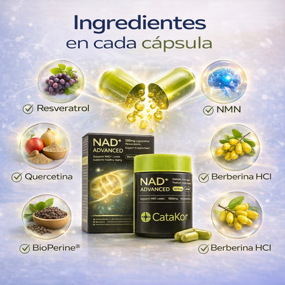 NAD+ Catakor™:  Suplemento antienvejecimiento con soporte celular avanzado para combatir arrugas desde el interior.